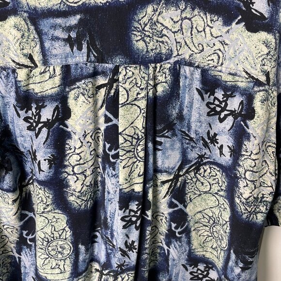 Mens Retro 90s Silk Patterned Blue Button Down Short Sleeve Shirt - Picture 7 of 8